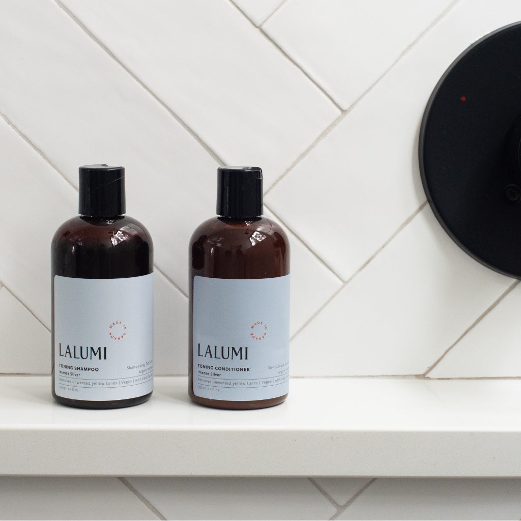 Lalumi Intense Silver Toning Shampoo and Conditioner in the shower